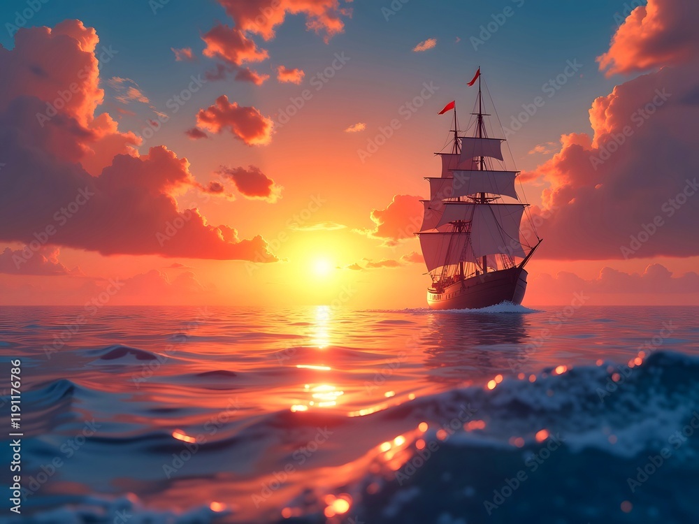 Fototapeta premium Sunset over the sea, ship in the sunset