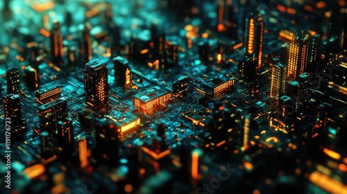 A futuristic urban landscape featuring tall,