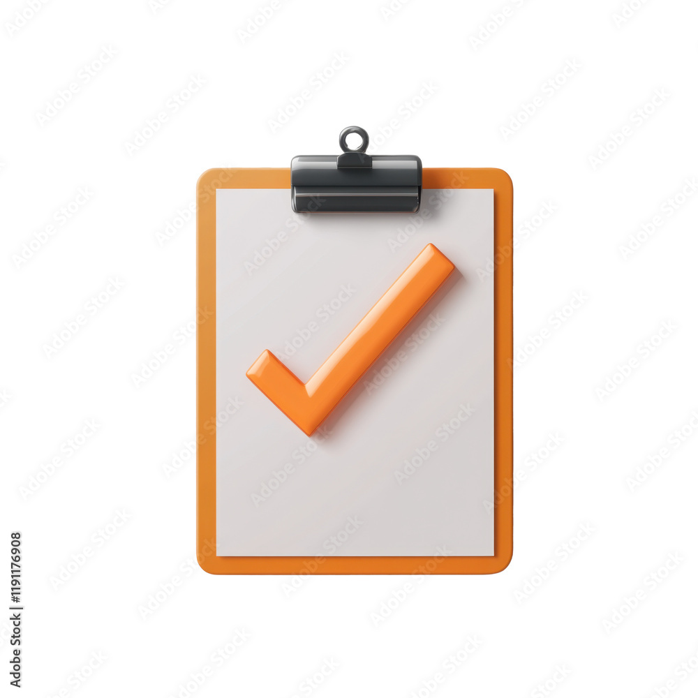 3D clipboard with an orange check mark symbol, representing completion or approval. Ideal for concepts like checklist, approval, or verification. Isolated on transparent background, png. 3D clipboard with an orange check mark symbol, representing completion or approval. Ideal for concepts like checklist, approval, or verification. Isolated on transparent background, png.