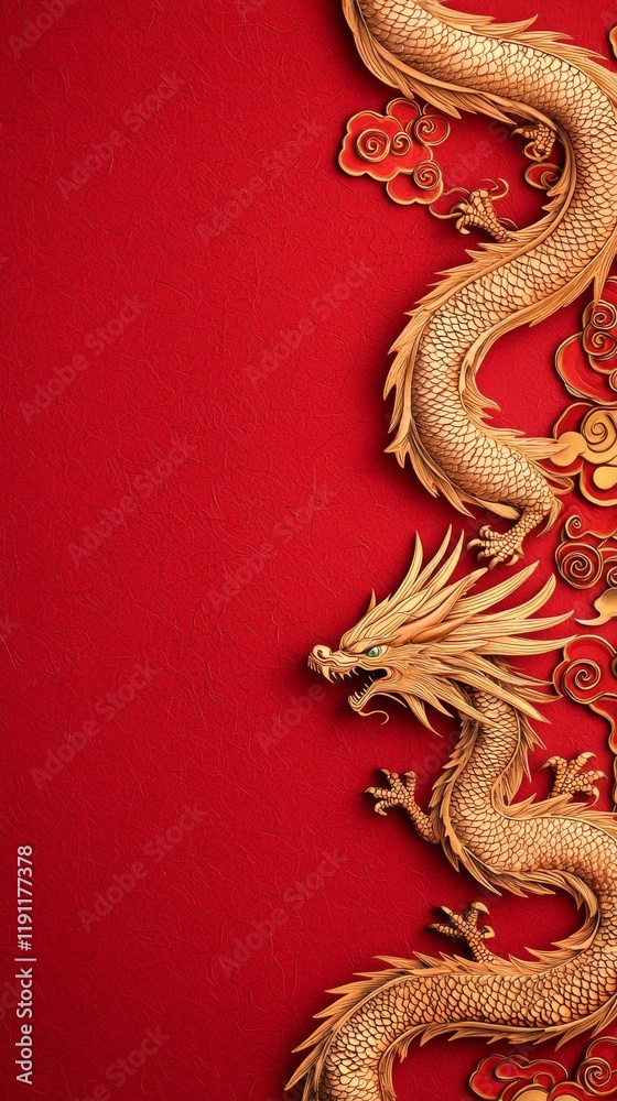 Fototapeta premium A majestic golden dragon intricately designed against a vibrant red background, symbolizing strength and good fortune.