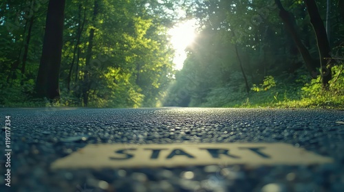 Start line on an asphalt road in the green forest with text START, diminishing perspective and sunlight with sunbeam at the vanishing point. The way forward concept. photo