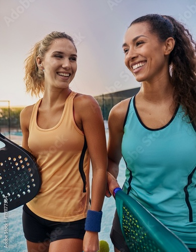 Wallpaper Mural Generated image A close-up of two female friends laughing together on the court, taking a break between poin Torontodigital.ca