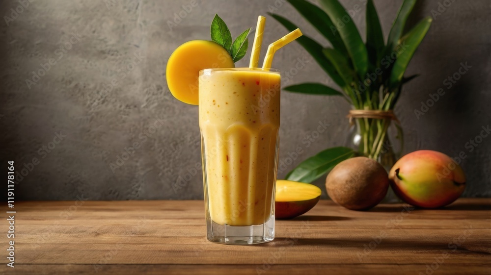 Fototapeta premium Refreshing Tropical Delight: A Glass of Creamy Mango Smoothie Surrounded by Juicy Mangoes on a Sunlit Beach, Perfect for Summer