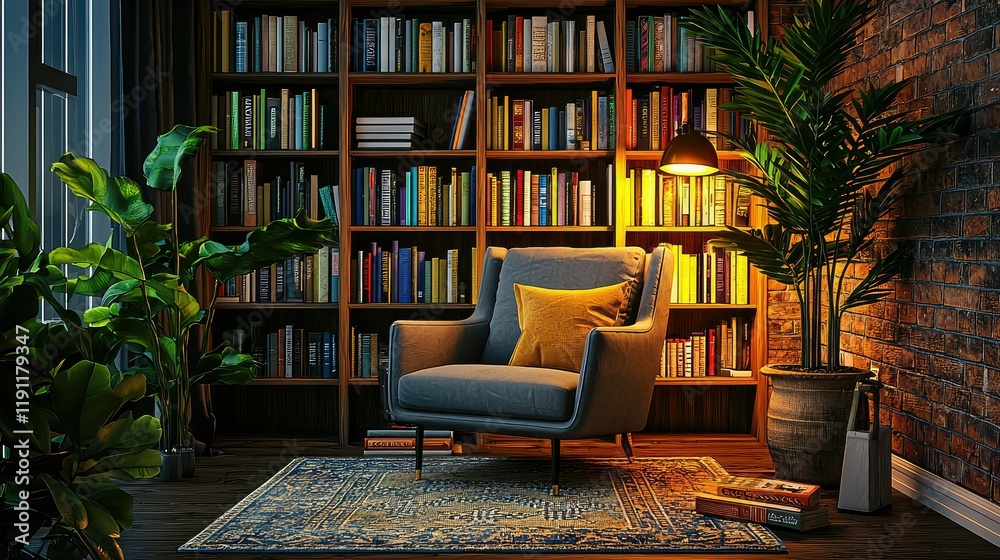 Cozy Reading Nook with Bookshelves, Indoor Plants, and Lighting Cozy Reading Nook with Bookshelves, Indoor Plants, and Lighting