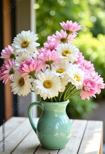 Wallpaper Mural Pink and white flowers in a green vase on wooden table Torontodigital.ca