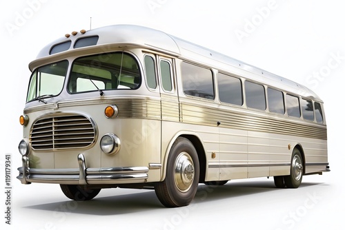 Vintage White Charter Bus, Isolated on White Background - Classic Travel Vehicle Stock Photo