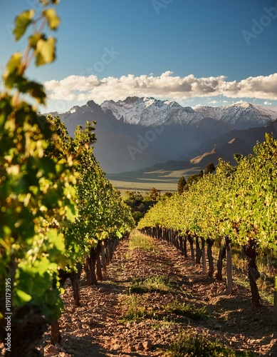 Generated image A close-up shot of a traditional vineyard in the Mendoza region, with rows of grapevines