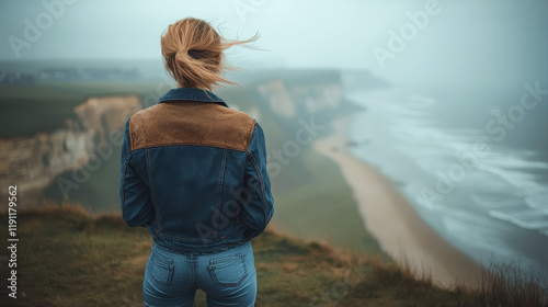 Woman gazes at misty coastline while standing on cliff edge during overcast afternoon