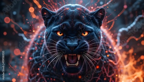 Fierce black panther with glowing orange eyes surrounded by a fiery energy aura showing intense aggression photo