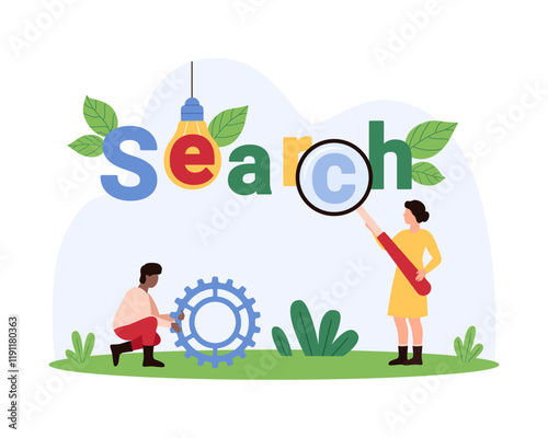 Internet browser search for information or keywords, typography design. Tiny people holding magnifying glass to look at Search word and magnify letter of creative font cartoon vector illustration