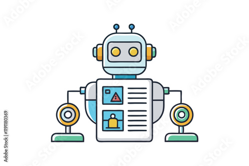 Humorous cartoon robot character with interactive gadgets, showcasing innovation in artificial intelligence and robotic systems