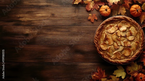 thanksgiving dinner background with turkey and all sides of the dish pumpkin pie autumn leaves and seasonal autumn decor on a wooden background top view copy space. photo