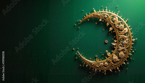 Ornate Golden Crescent Moon with Jeweled Floral Embellishments on Dark Green