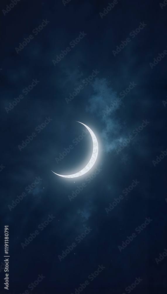 Fototapeta premium Glowing crescent moon emerging through misty night clouds