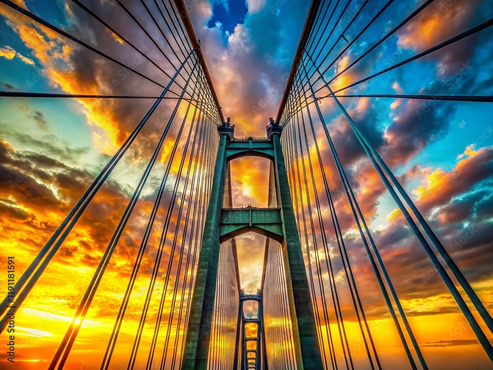 Obraz premium Waco Suspension Bridge: Majestic Towers and Cables Against a Dramatic Sky