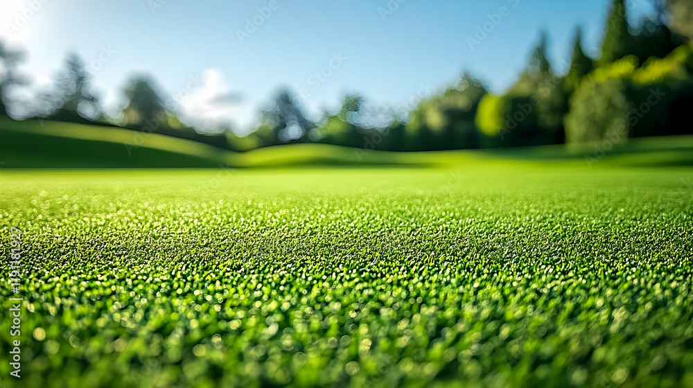 Green Grass Field with Blurred Trees Background Photo