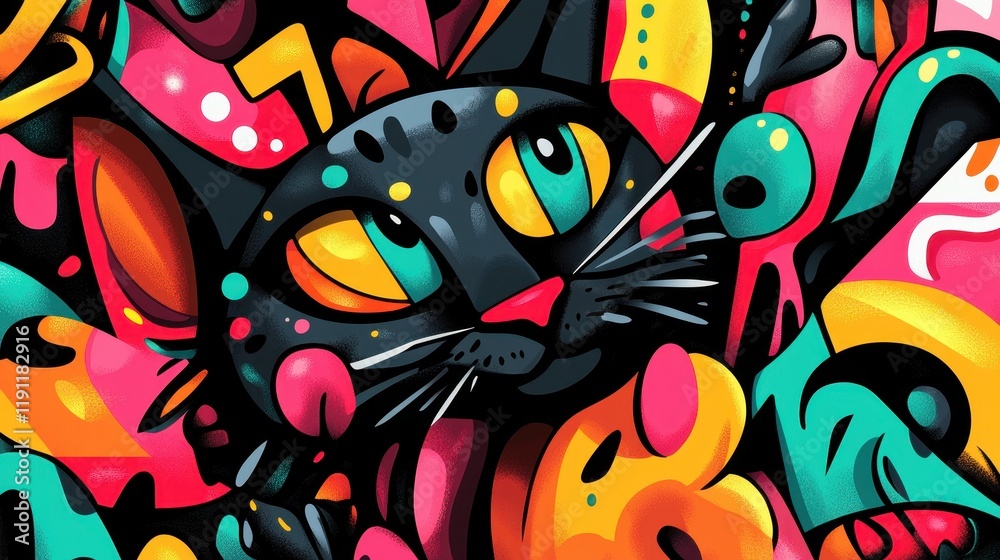 Fototapeta premium Abstract Colorful Cat Amidst Vibrant Graffiti Art