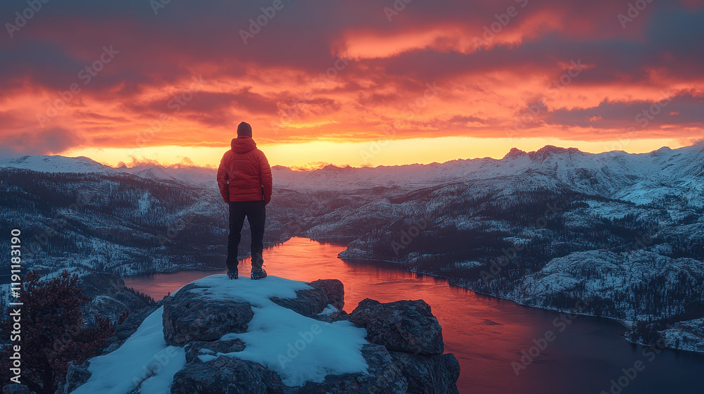 Fototapeta premium Person enjoying a breathtaking sunset view over a snowy mountain landscape with a lake in the foreground