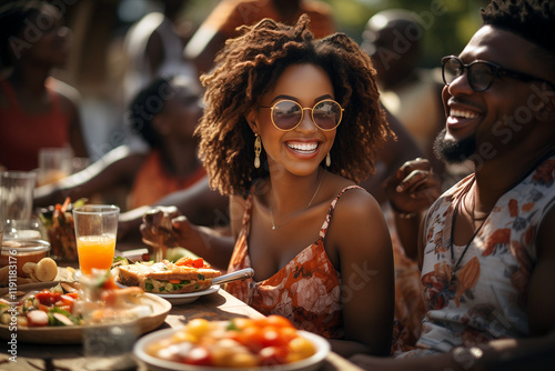 A cheerful woman with natural hair and stylish sunglasses shares a joyful moment at an outdoor gathering, surrounded by vibrant food and lively company. photo