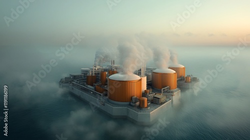 Aerial shot of a massive state of the art offshore liquefied natural gas LNG terminal and export facility  This industrial complex features sprawling storage tanks pipelines photo