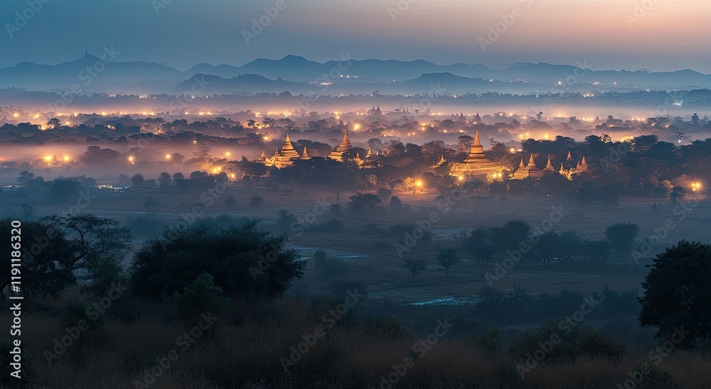 Fototapeta premium A panoramic view of Mandalay over the illuminated Bagan Panoramic View at dusk