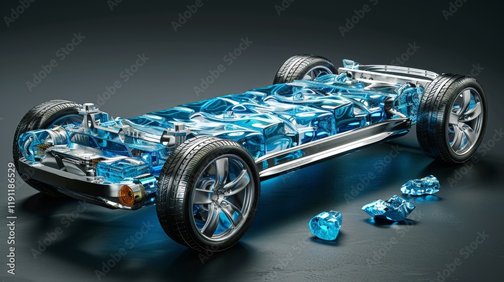 Fototapeta premium Vibrant blue electric vehicle showcasing advanced automotive technology and lithium battery system