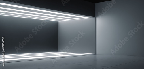 A large room with white walls and light streams from it