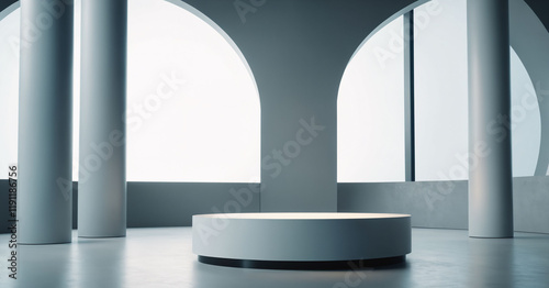 A large room with round windows and a white podium