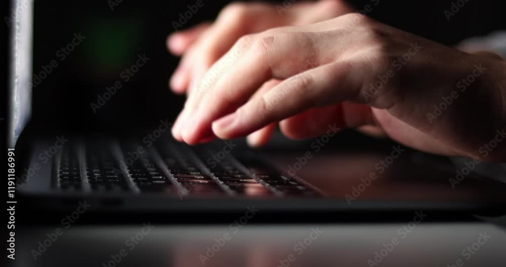 Hands typing keyboard night closeup. Late manager freelancer working computer in dark room. Unrecognized person browsing web studying in evening. Busy journalist writing make marketing research online Hands typing keyboard night closeup. Late manager freelancer working computer in dark room. Unrecognized person browsing web studying in evening. Busy journalist writing make marketing research online