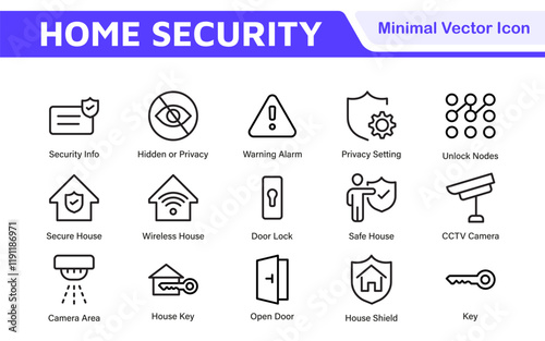 Home Security Icon Set. A comprehensive collection of icons focused on safety and protection, perfect for enhancing security apps, websites, and marketing materials aimed at home safety solutions.