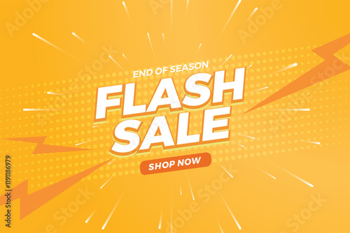 Flash sale banner with bright yellow background, discount promotion, special offer, and shopping advertisement for end-of-season clearance deals