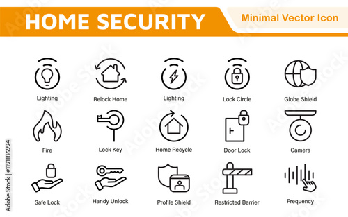 Home Security Icon Set. A comprehensive collection of icons focused on safety and protection, perfect for enhancing security apps, websites, and marketing materials aimed at home safety solutions.