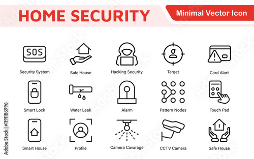 Home Security Icon Set. A comprehensive collection of icons focused on safety and protection, perfect for enhancing security apps, websites, and marketing materials aimed at home safety solutions.