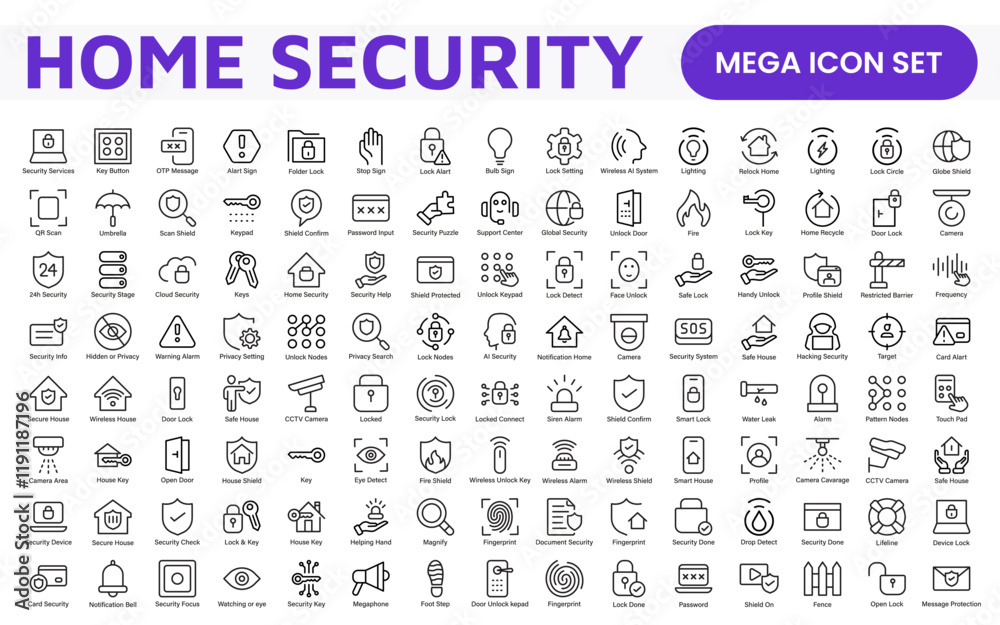 Home Security Icon Set. A comprehensive collection of icons focused on safety and protection, perfect for enhancing security apps, websites, and marketing materials aimed at home safety solutions. Home Security Icon Set. A comprehensive collection of icons focused on safety and protection, perfect for enhancing security apps, websites, and marketing materials aimed at home safety solutions.