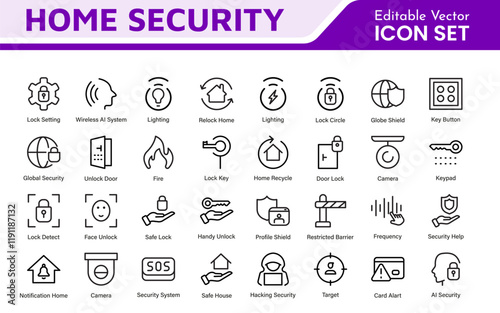 Home Security Icon Set. A comprehensive collection of icons focused on safety and protection, perfect for enhancing security apps, websites, and marketing materials aimed at home safety solutions.