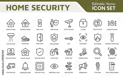 Home Security Icon Set. A comprehensive collection of icons focused on safety and protection, perfect for enhancing security apps, websites, and marketing materials aimed at home safety solutions.