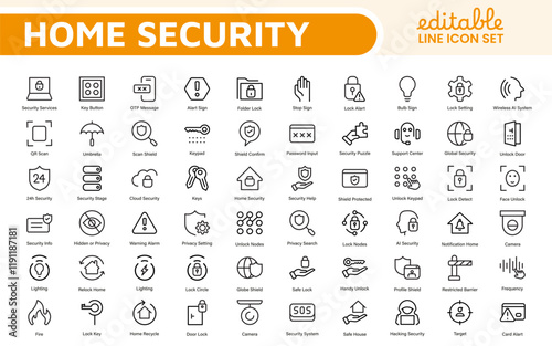 Home Security Icon Set. A comprehensive collection of icons focused on safety and protection, perfect for enhancing security apps, websites, and marketing materials aimed at home safety solutions.