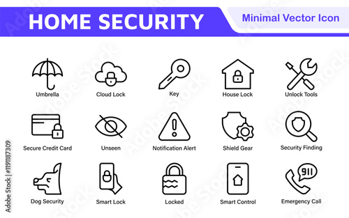 Home Security Icon Set. A comprehensive collection of icons focused on safety and protection, perfect for enhancing security apps, websites, and marketing materials aimed at home safety solutions.