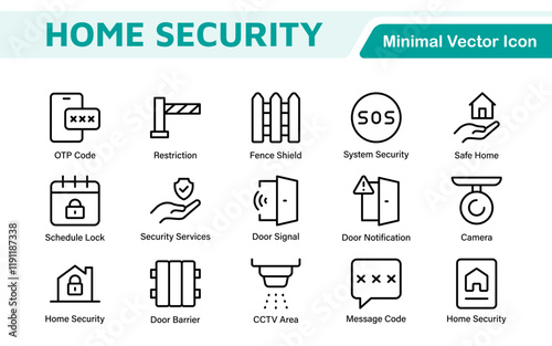 Home Security Icon Set. A comprehensive collection of icons focused on safety and protection, perfect for enhancing security apps, websites, and marketing materials aimed at home safety solutions.