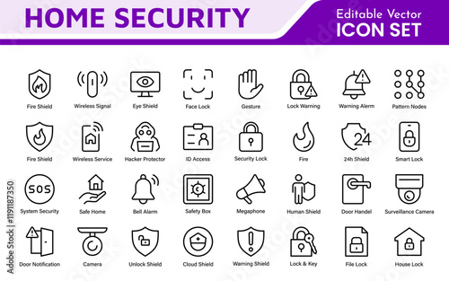 Home Security Icon Set. A comprehensive collection of icons focused on safety and protection, perfect for enhancing security apps, websites, and marketing materials aimed at home safety solutions.