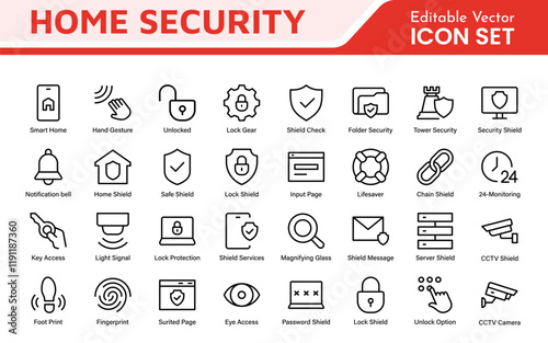 Home Security Icon Set. A comprehensive collection of icons focused on safety and protection, perfect for enhancing security apps, websites, and marketing materials aimed at home safety solutions.