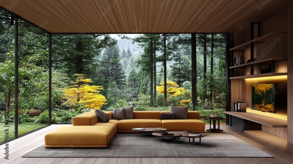 Modern Living Room with Large Windows Overlooking Lush Forest and Scenic Nature Views Modern Living Room with Large Windows Overlooking Lush Forest and Scenic Nature Views