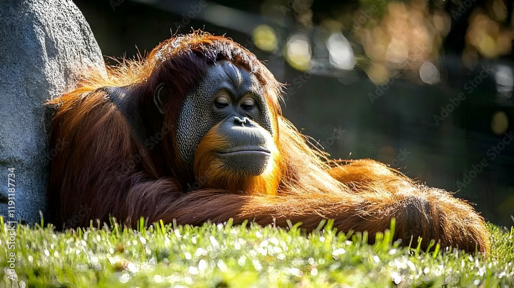 Obraz premium Majestic Orangutan Relaxing in Natural Habitat Under Soft Sunlight