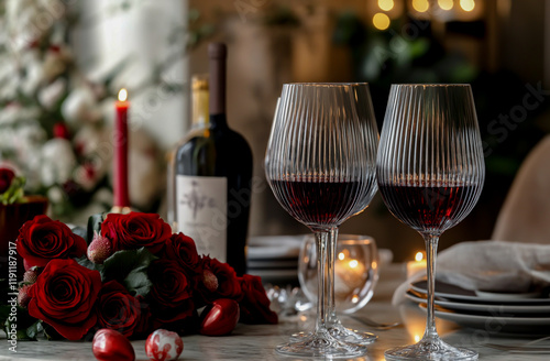 Romantic Dinner for Two with Red Roses and Wine Glasses on the Table photo