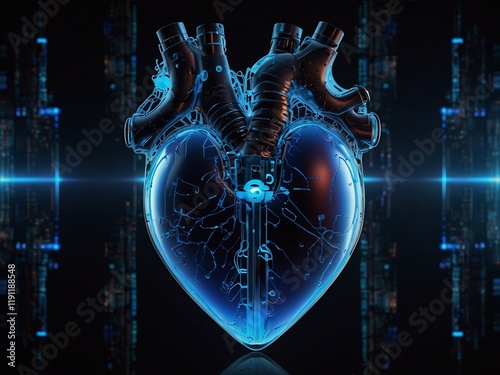 Futuristic glowing human heart. Holographic biomechanical human organs in cyberpunk style.