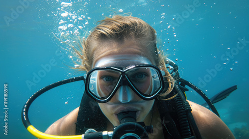 Diver explores underwater world in crystal clear ocean during daylight with vibrant marine life surrounding them photo