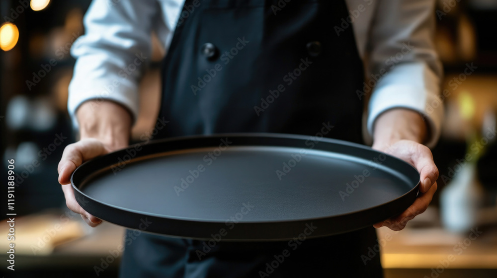 Waiter holding a black serving tray in a cozy restaurant during evening hours Waiter holding a black serving tray in a cozy restaurant during evening hours