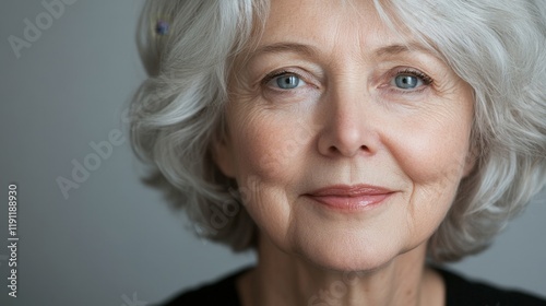 A woman with a gray head of hair and blue eyes. She is smiling and looking at the camera photo