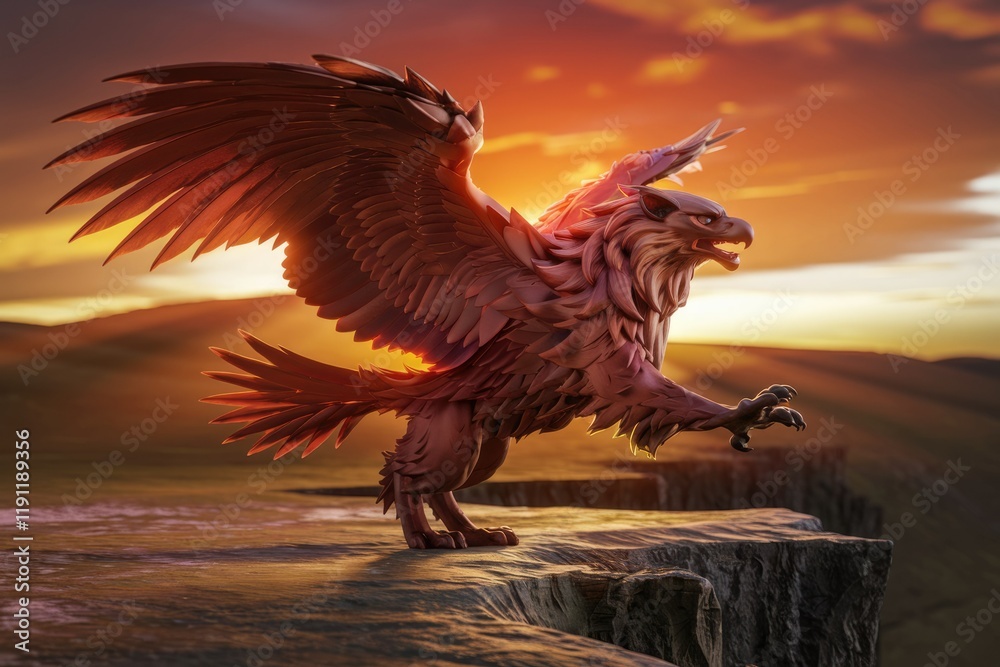 A majestic griffin, wings spread wide, perched on a cliff at sunset, a mythical creature of power and grace. A majestic griffin, wings spread wide, perched on a cliff at sunset, a mythical creature of power and grace.