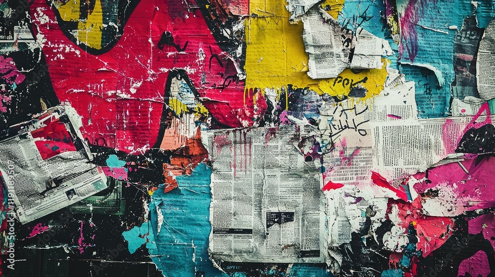 Naklejka premium Colorful Urban Abstract Art with Layers of Torn Paper and Paint